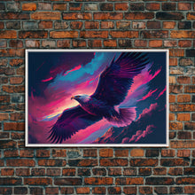 Carregar imagem no visualizador da galeria, Bald eagle in flight, vaporwave aesthetic art, eagle against a pastel sunset sky, framed canvas art, framed print