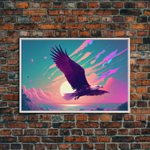 Carregar imagem no visualizador da galeria, Bald eagle in flight, vaporwave sunset, vaporwave art, framed canvas print, pink and turquoise art