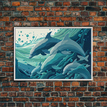 Load image into Gallery viewer, Dolphins in the Ocean, Turquoise dolphin art, framed canvas print, wall art with frame