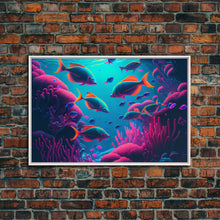Load image into Gallery viewer, Coral Reef art, synthwave aesthetic ocean art, school of fish, framed canvas art, framed wall art canvas print