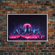Load image into Gallery viewer, Cyberpunk city skyline superimposed over a sunset, synthwave style dystopian art, framed canvas print