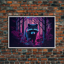 Carregar imagem no visualizador da galeria, Cute racoon in the forest, vaporwave aesthetic animal art, framed canvas print, colorful animal art