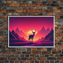 Load image into Gallery viewer, Deer at sunset, outrun style nature animal print, framed canvas print, sunrise art