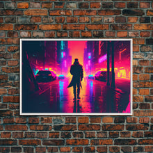 Load image into Gallery viewer, Cyberpunk bounty hunter art, vaporwave synthwave dystopian cityscape, framed canvas print