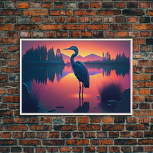 Carregar imagem no visualizador da galeria, A stork standing in a calm lake at sunset, framed canvas print