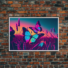 Load image into Gallery viewer, Beautiful turquoise butterfly art, vaporwave aesthetic pastel art, framed canvas print, synthwave art