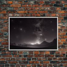 Load image into Gallery viewer, Black and white Watercolor of a starry night sky over a pine forest, framed canvas print