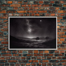 Load image into Gallery viewer, Black and white Watercolor of a starry night sky over the planes of Texas, framed canvas print