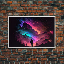Cargar imagen en el visor de la galería, Contemplating the Universe, retro style space art, framed canvas print, synthwave space decor