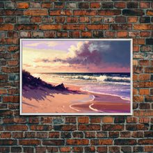 Load image into Gallery viewer, Boho Style Whimsical Beach Art, Framed Canvas Print, Minimalist Modern Farmhouse Decor, Pink Sunset Sky over the beach