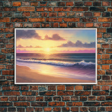 Load image into Gallery viewer, Boho Style Whimsical Beach Art, Framed Canvas Print, Minimalist Modern Farmhouse Decor, Pink Sunset Sky over tide rolling in