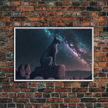Cargar imagen en el visor de la galería, Cheetah overlooking the valley, synthwave retro style animal prints, framed canvas print, framed wall art, starry Africa night sky