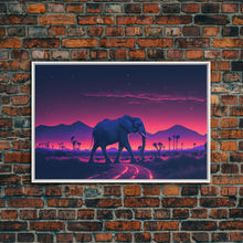 Load image into Gallery viewer, Elephant Art | Framed Canvas Print | Synthwave Style Framed Wall Art | Animal Prints | Elephant Walks Under A Full Moon | Kid's Room Decor