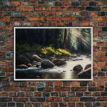 Carregar imagem no visualizador da galeria, A Rocky Stream, Watercolor Art, Serene nature landscape art, framed canvas print, mouth of the river in the morning light wall art