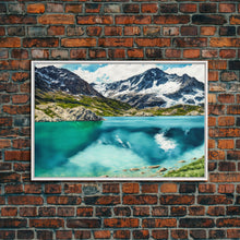 Load image into Gallery viewer, Watercolor painting canvas print of a mountain lake landscape, framed canvas print, framed wall art