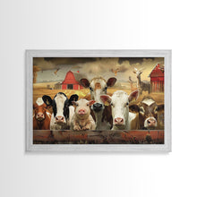 Carregar imagem no visualizador da galeria, Farm Animals On The Fence, Framed Canvas Print, Cute Animal Decor, Bathroom Wall Art, Illustration, Home Decor
