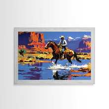 Load image into Gallery viewer, Crossing The Colorado River, Framed Canvas Print, Kitsch Western Wall Art, Colorful Western Painting Original Artwork, Pop Art Painting