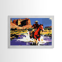 Load image into Gallery viewer, Crossing The Colorado River, Framed Canvas Print, Kitsch Western Wall Art, Colorful Western Painting Original Artwork, Pop Art Painting