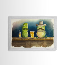 Load image into Gallery viewer, Funny Pickles In A Bar, Watercolor Painting Print, Framed Wall Art, Funny Decor, Kitsch Art, Framed Canvas Pickle Art