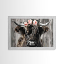 Carregar imagem no visualizador da galeria, Framed Canvas Wall Art, Cute Highland Cow Print, Modern Wall Art Farmhouse Decor, Fun Rustic Farmhouse Art, Life On The Farm, Cow and Flower