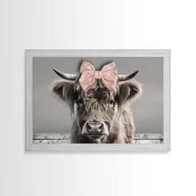 Carregar imagem no visualizador da galeria, Framed Canvas Print, Cute Highland Cow Wearing A Pink Bowtie, Framed Wall Decor, Rustic Minimalist Farmhouse Decor, Western Art