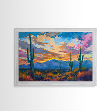 Carregar imagem no visualizador da galeria, Cactus Under A Beautiful Sunset, Pop Art Style, Mid Century Modern Framed Canvas Print or Metal Art, Desert Scene Wall Art, Abstract Desert
