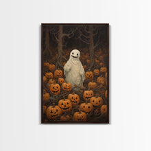 Carregar imagem no visualizador da galeria, Fall Omens - Spooky Ghost In A Pumpkin Patch, Halloween Decor, Fall Art, Framed Canvas Print, Spooky Halloween Decor