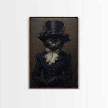 Carregar imagem no visualizador da galeria, Cute Renaissance Cat, Black Cat Print, Goth Home Decor, Art Canvas Print, Dark Academia, Gothic Victorian, Halloween Decor, Witch Familiar
