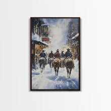 Load image into Gallery viewer, Cowboys Riding Into Town On Christmas, Western Christmas Decor, Framed Canvas Print, Christmas Outdoor Decor, Christmas poster