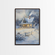 Cargar imagen en el visor de la galería, Christmas Cottage Wall Art, Framed Canvas Print, Winter Wonderland Landscape Print