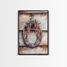 Load image into Gallery viewer, Christmas Horseshoe Framed Canvas Print, Horse Shoe With Mistletoe, Wood Framed Christmas Art, Western Decor, Boho Christmas, Minimalist