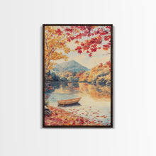 Carregar imagem no visualizador da galeria, Canoe On A Serene Fall Lake, Framed Canvas Print, Autumn Decor, Fall Wall Art, Fall Poster, Autumn Prints Wall Art