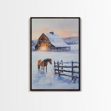 Load image into Gallery viewer, Christmas On The Farm, Winter Wall Art Framed Canvas Print, Gift Idea, Seasonal Decor, Barn Painting, Farmhouse Art