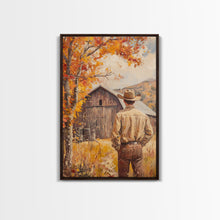 Carregar imagem no visualizador da galeria, Autumn Cowboy Barn Framed Canvas Print - Fall Harvest Country Wall Art Best Gift Idea 2024 Rustic Farmhouse Decor