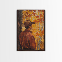 Load image into Gallery viewer, Cowboy in Autumn Forest Framed Canvas Print - Rustic Fall Wall Art Perfect Gift Idea 2024 Country Decor - Moody Landscape Art