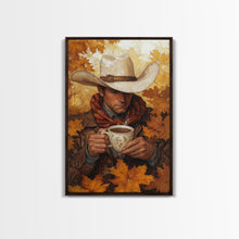 Load image into Gallery viewer, Cowboy Holding Hot Drink Framed Canvas Print - Moody Winter Landscape Art Perfect 2024 Christmas Wall Decor