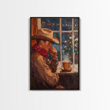 Load image into Gallery viewer, Cowboy in Snow with Coffee Framed Canvas Print - Winter Country Scene Art 2024 Cozy Christmas Wall Decor and Gift Idea