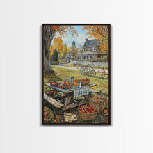 Carregar imagem no visualizador da galeria, Autumn Picnic Outdoors Tall Art Framed Canvas Print With Basket Of Apples, Fall Scene Wall Art, Country Farmhouse Decor For Kitchen