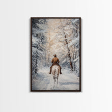 Cargar imagen en el visor de la galería, Cowboy by Window with Coffee Framed Canvas Print - Cozy Christmas Wall Art 2024 Rustic Holiday Decor and Gift Idea