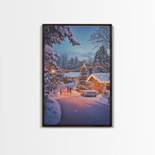 Cargar imagen en el visor de la galería, Classic Winter Christmas Neighborhood Framed Canvas Print Tall Art With Lights And Christmas Tree, Holiday Wall Art Home Decor