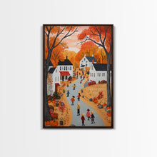 Carregar imagem no visualizador da galeria, Autumn Village Scene Framed Canvas Print Tall Art With Fall Leaves And Pumpkins, Cozy Wall Art For Seasonal Farmhouse Decor