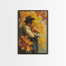 Load image into Gallery viewer, Cowboy Walking in Winter Forest at Sunset Canvas Print, Seasonal Western Wall Art, Rustic Christmas Wall Decor, Vibes, Framed Canvas Print