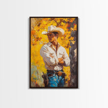 Load image into Gallery viewer, Cowboy with Autumn Foliage Canvas Print, Vibrant Fall Decor, Perfect Fall Wall Art, Seasonal Home Decor, Western Art, Framed Canvas Print