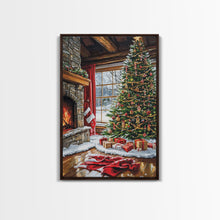 Load image into Gallery viewer, Cozy Cabin Fireplace With Christmas Tree Framed Canvas Print Christmas Wall Art Farmhouse Christmas Decor Holiday Gift Christmas Tree Art