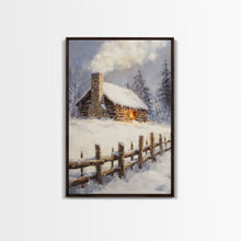 Load image into Gallery viewer, Rustic Cabin In Snow Framed Canvas Print Wall Art Christmas Home Decor, Winter Landscape Art, Cozy Winter Cabin Scene
