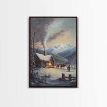 Load image into Gallery viewer, Mountain Cabin In Snow With Horses Framed Canvas Print Wall Art Rustic Winter Decor, Country Christmas Art, Winter Wonderland Scene
