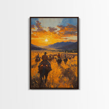 Load image into Gallery viewer, Cowboy Riders at Dusk Framed Canvas Print, Warm Sunset Western Scene with Riders on the Plains, Fall Decor Ranch Homes and Country Wall Art