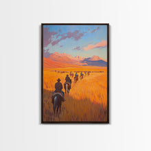 Load image into Gallery viewer, Cowboy Campfire Framed Canvas Print, Evening Gathering with Riders Around Fire, Western Landscape Art for Fall or Winter Home Decor