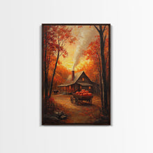 Carregar imagem no visualizador da galeria, Autumn Cabin with Pumpkins Framed Canvas Print, Warm Fall Countryside Scene with Golden Leaves, Cozy Rustic Farmhouse Wall Art Decor