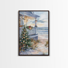 Cargar imagen en el visor de la galería, Coastal Christmas Tree Framed Canvas Print, Festive Holiday Decor Tree Beach and Ocean View, Nautical Wall Art Tropical Christmas Decor